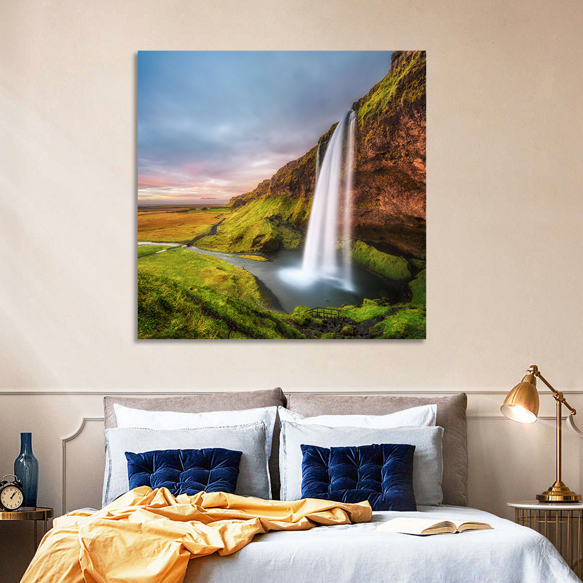 Seljalandsfoss Waterfall Wall Art in a room, square