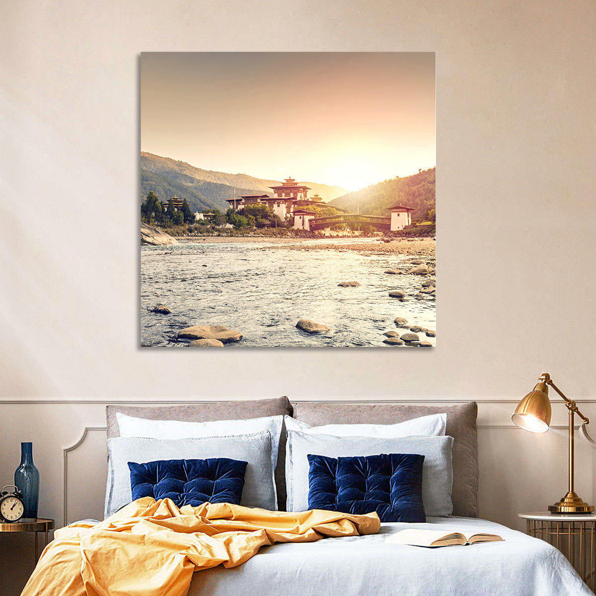 Punakha Dzong at Golden Hour Wall Art in a room, square
