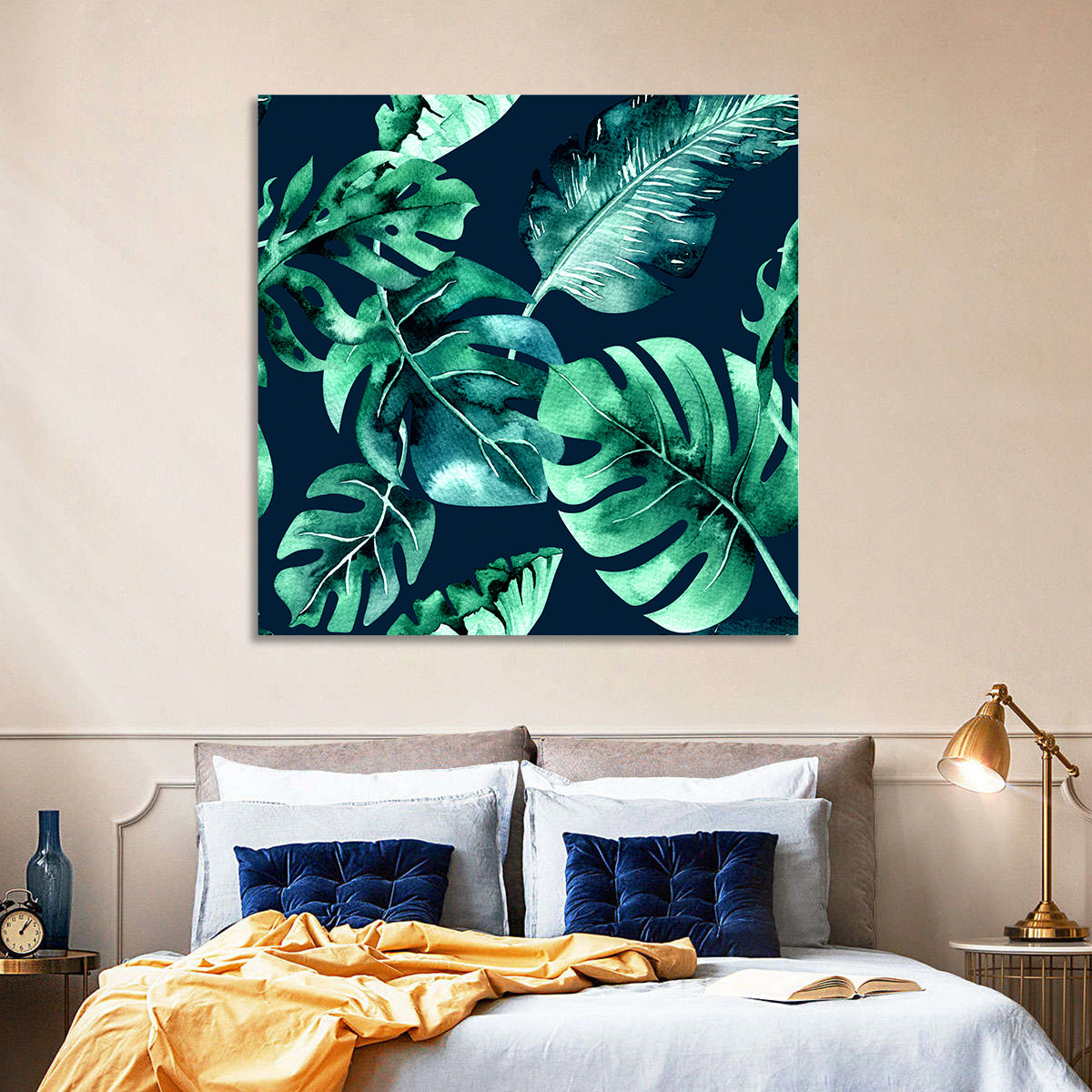 Tropical Watercolor Leaf Pattern Wall Art in a room, square