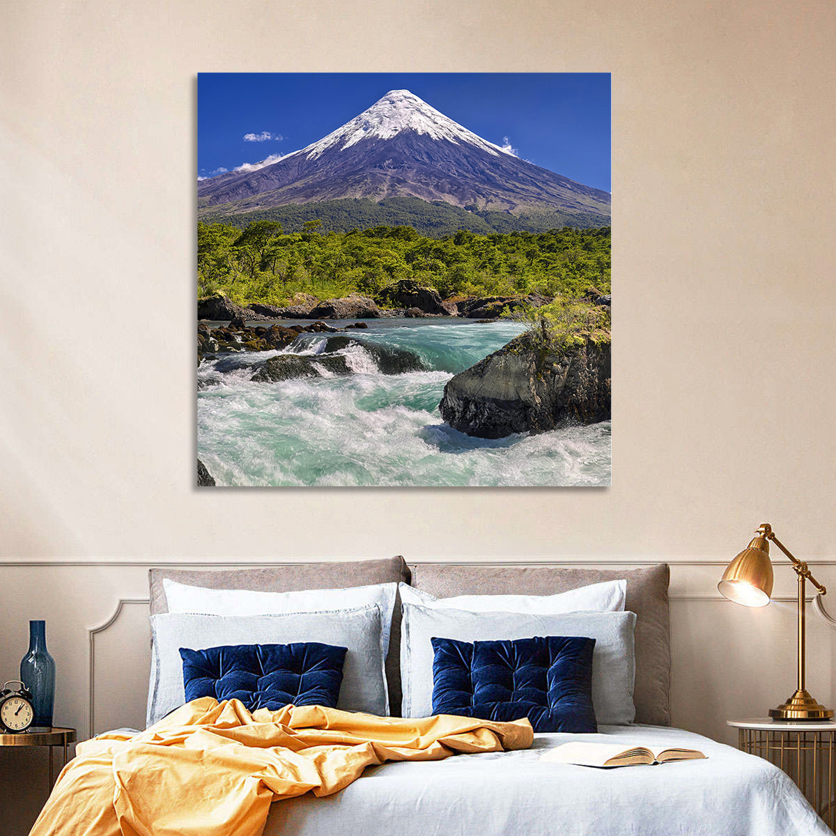 Osorno Volcano Over Petrohue Rapids Wall Art in a room, square