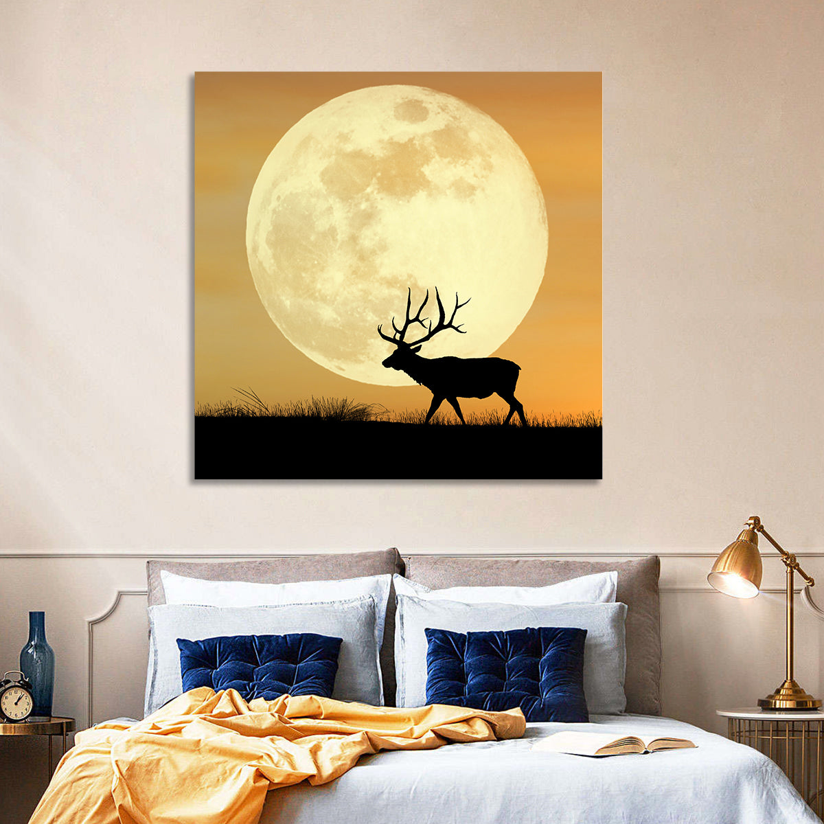 Bull Elk Silhouette Under Supermoon Wall Art in a room, square