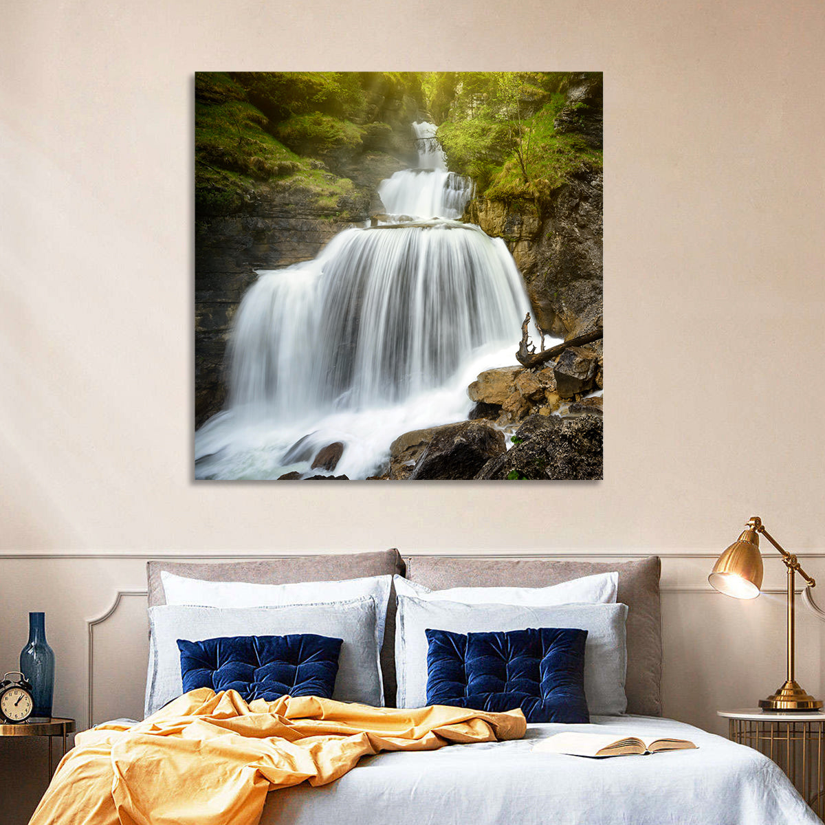 White Cascade Over Mossy Rocks Wall Art in a room, square