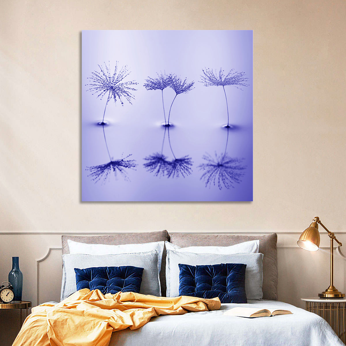 Blue Dandelion Seeds with Reflections Wall Art in a room, square