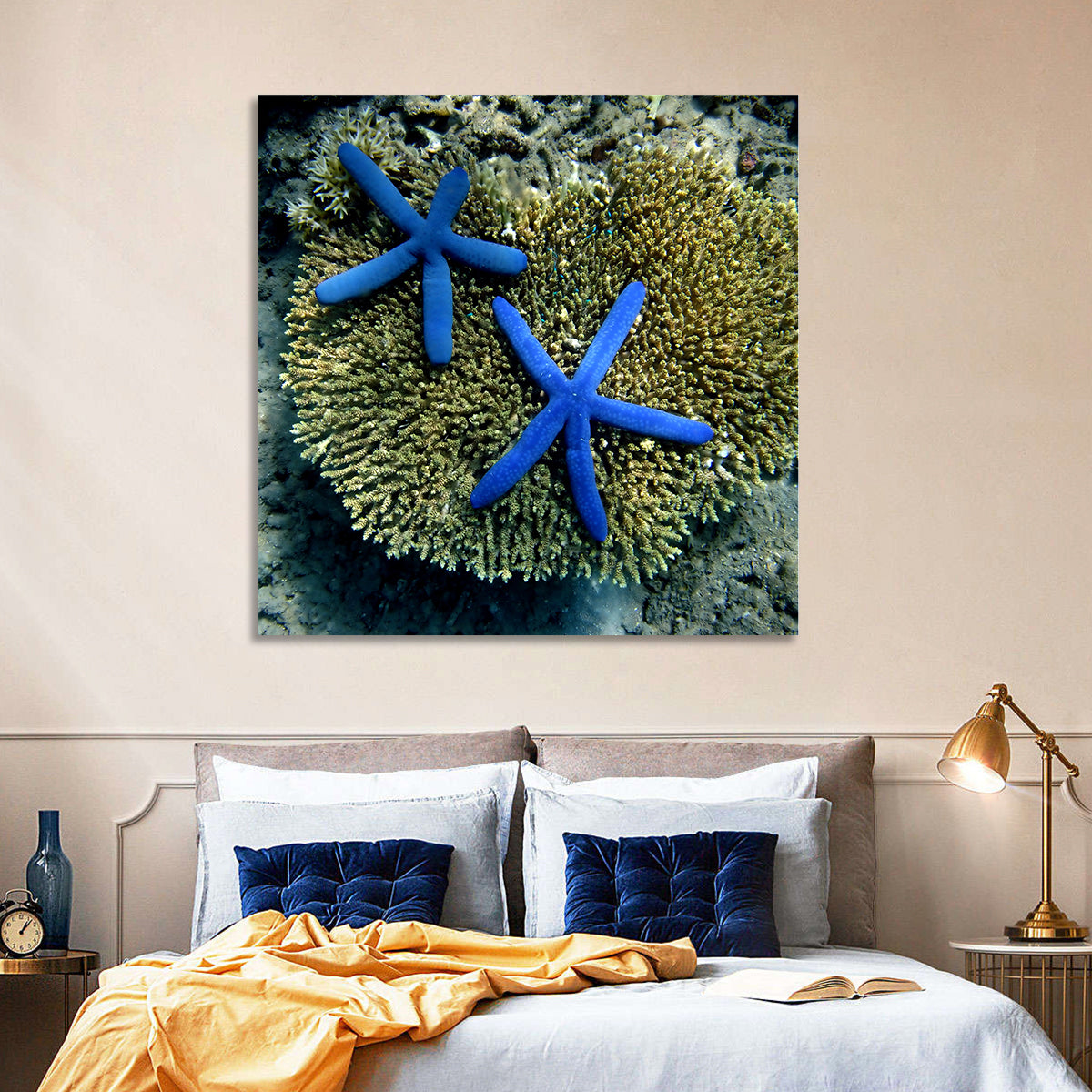 Blue Starfish Wall Art in a room, square