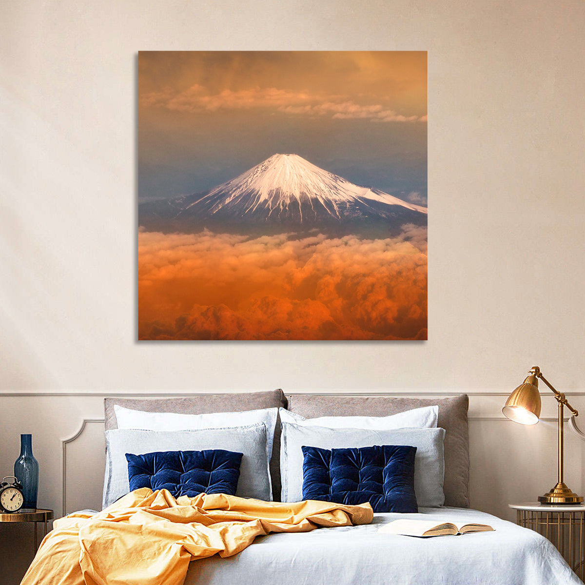 Snow-capped Mount Fuji at Sunset Wall Art in a room, square