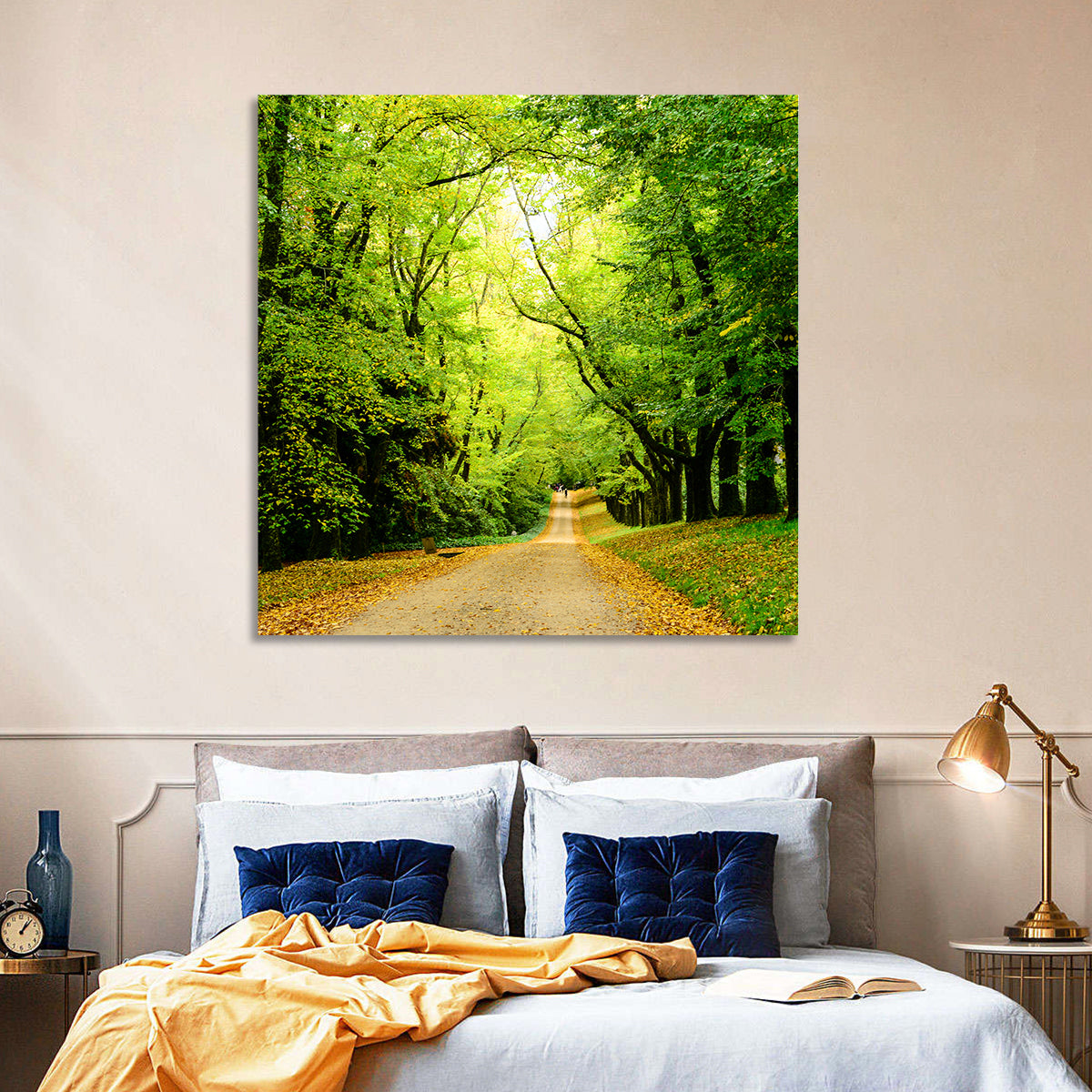 Sunlit Forest Pathway Wall Art in a room, square