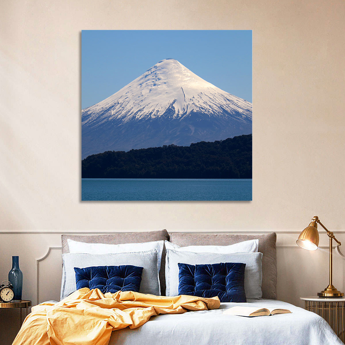 Snow-capped Osorno Volcano Over Lake Wall Art in a room, square