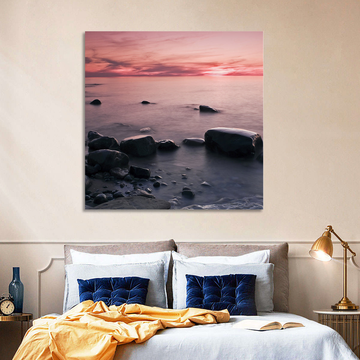 Pink Dusk Lakeshore with Silhouetted Rocks Wall Art in a room, square
