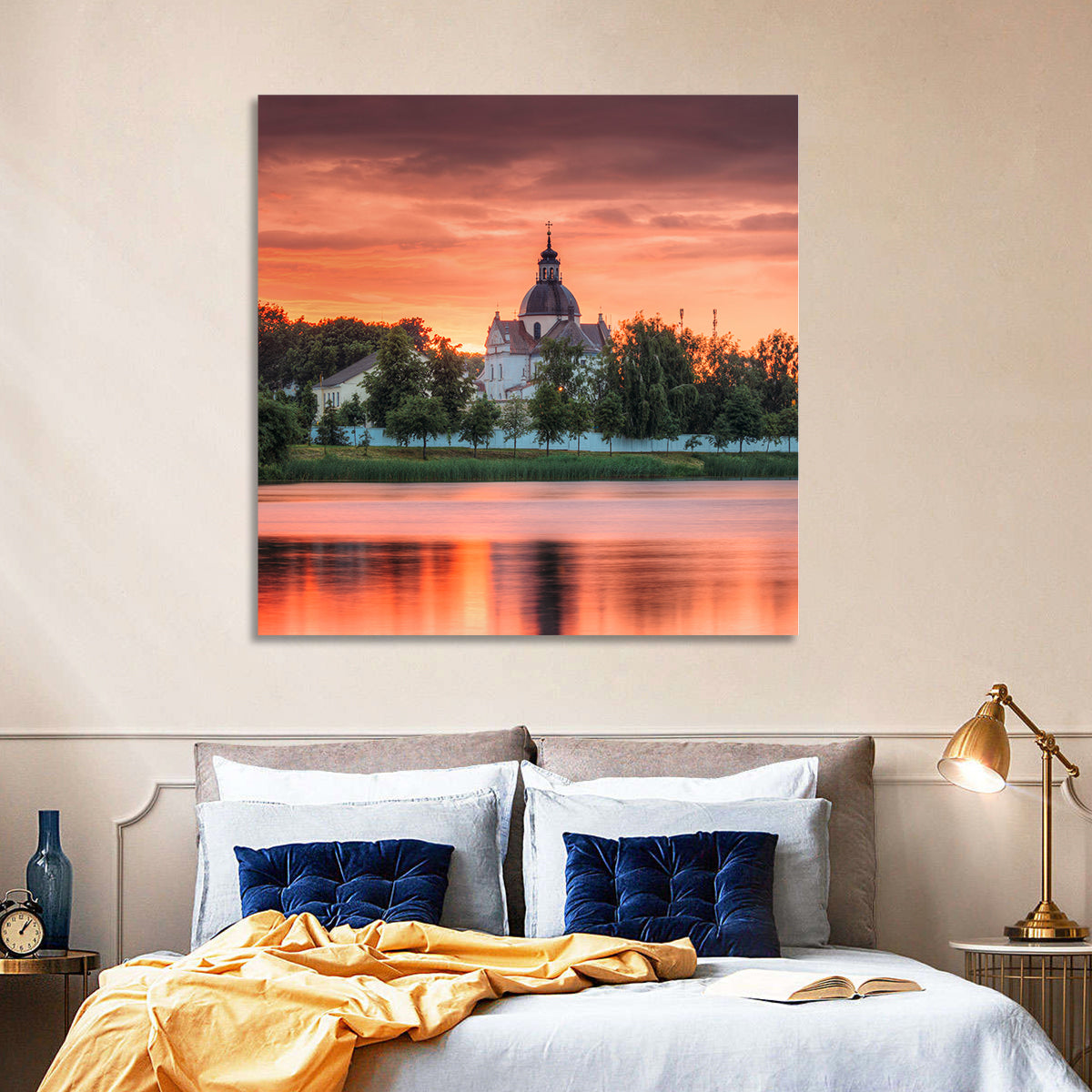Corpus Christi Church Sunset Reflection Wall Art in a room, square
