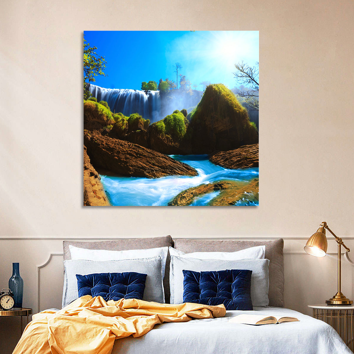 Sunlit Turquoise Waterfall Wall Art in a room, square