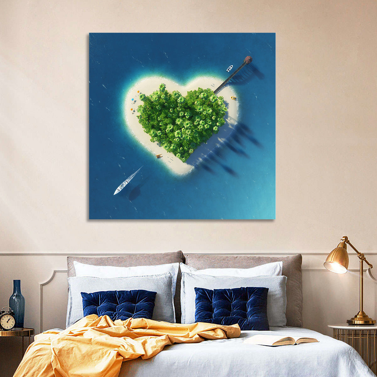 Heart-shaped Island Aerial Wall Art in a room, square