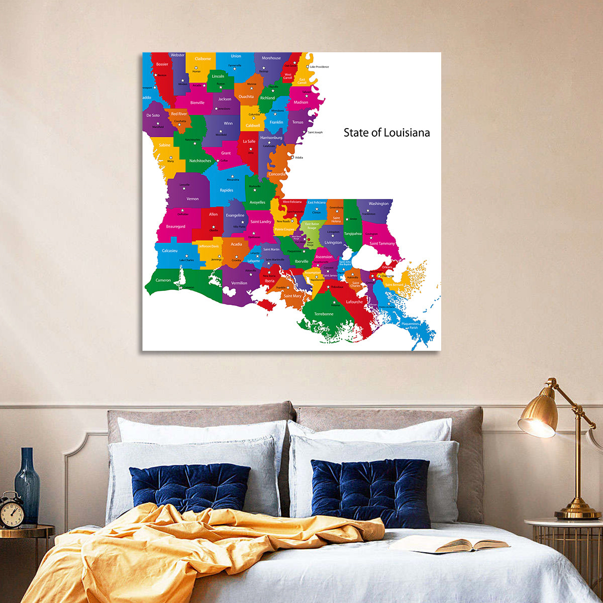 Colorful Louisiana Parish Map Wall Art in a room, square