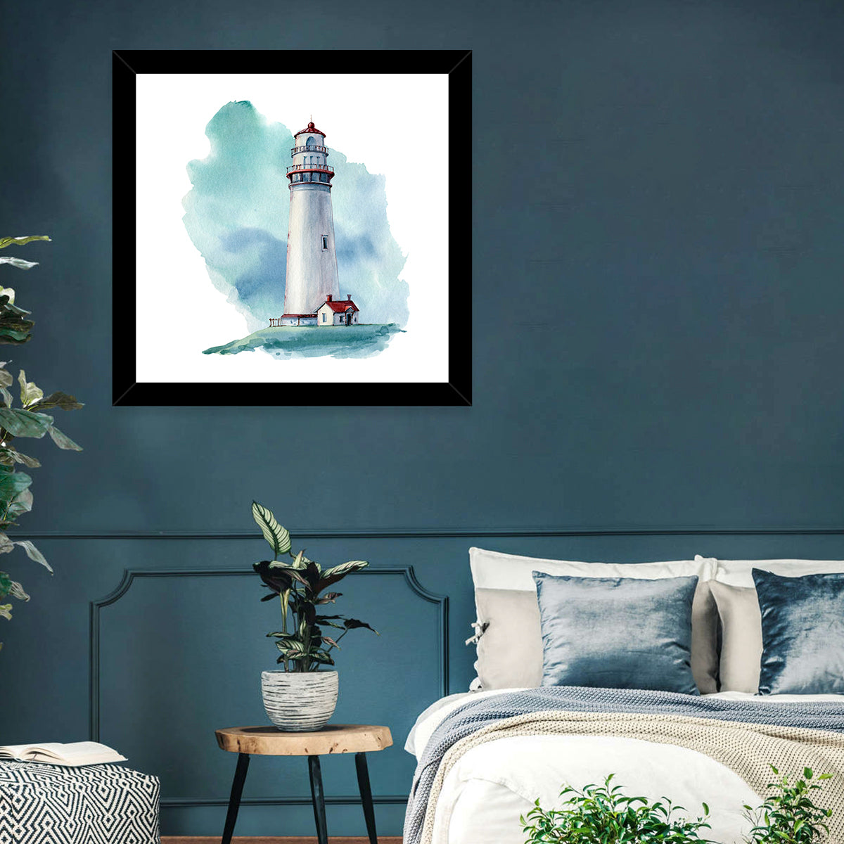 Red Roof Lighthouse Watercolor Wall Art