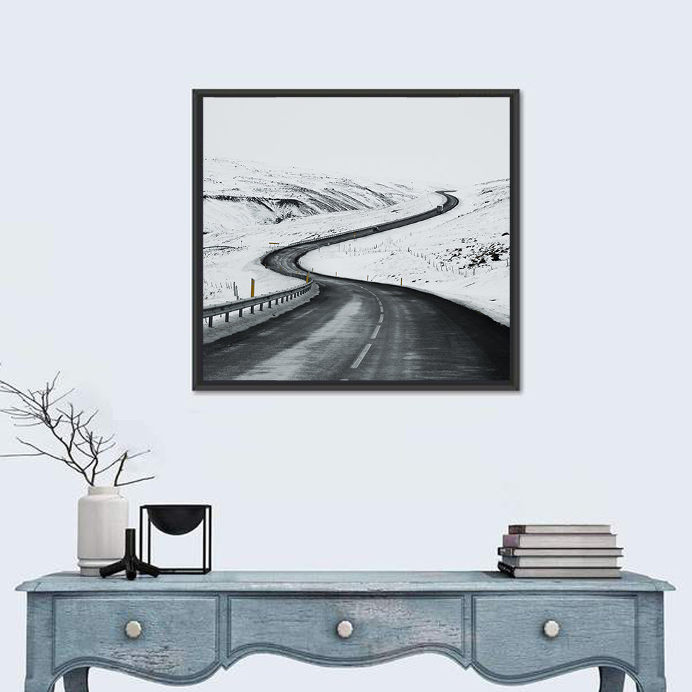 Winding Snow Road with Yellow Markers Wall Art in a room, square