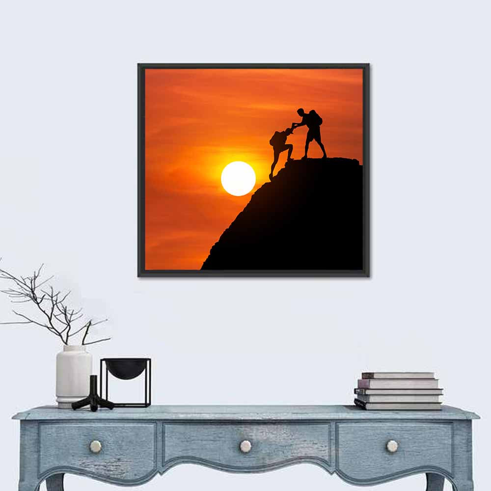 Mountaineer Silhouette at Sunset Wall Art in a room, square