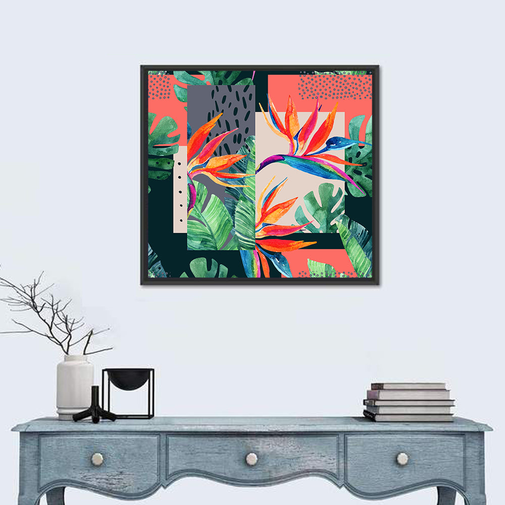 Tropical Leaves Collage Wall Art in a room, square