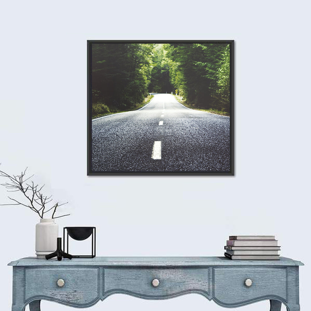 Summer Forest Road with Yellow Sign Wall Art in a room, square