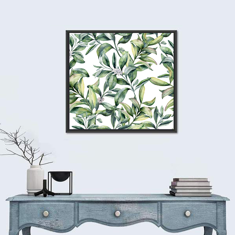 Snowberry Leaves Pattern Wall Art in a room, square