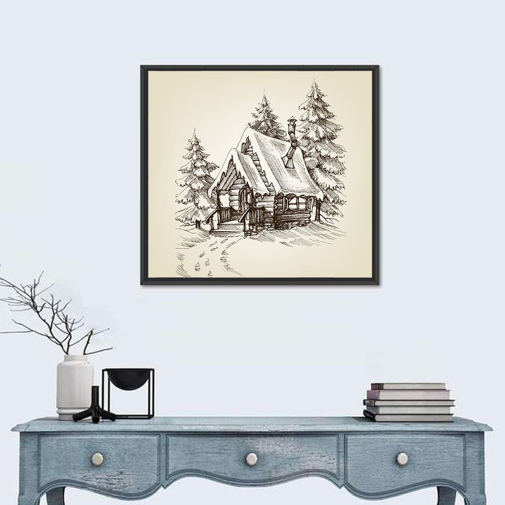 Snowy Log Cabin Illustration Wall Art in a room, square