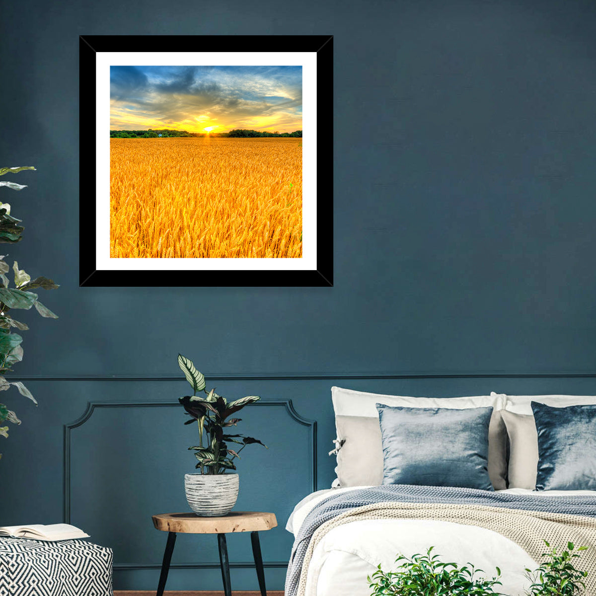 Wheat Field Sunset Wall Art in a room, square