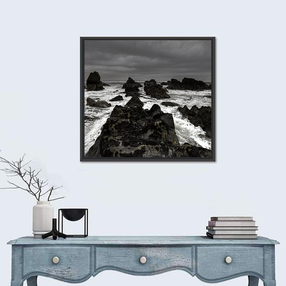 Moody Black and White Rocky Coast Waves Wall Art