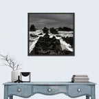 Moody Black and White Rocky Coast Waves Wall Art