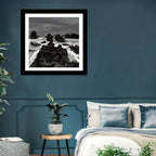 Moody Black and White Rocky Coast Waves Wall Art