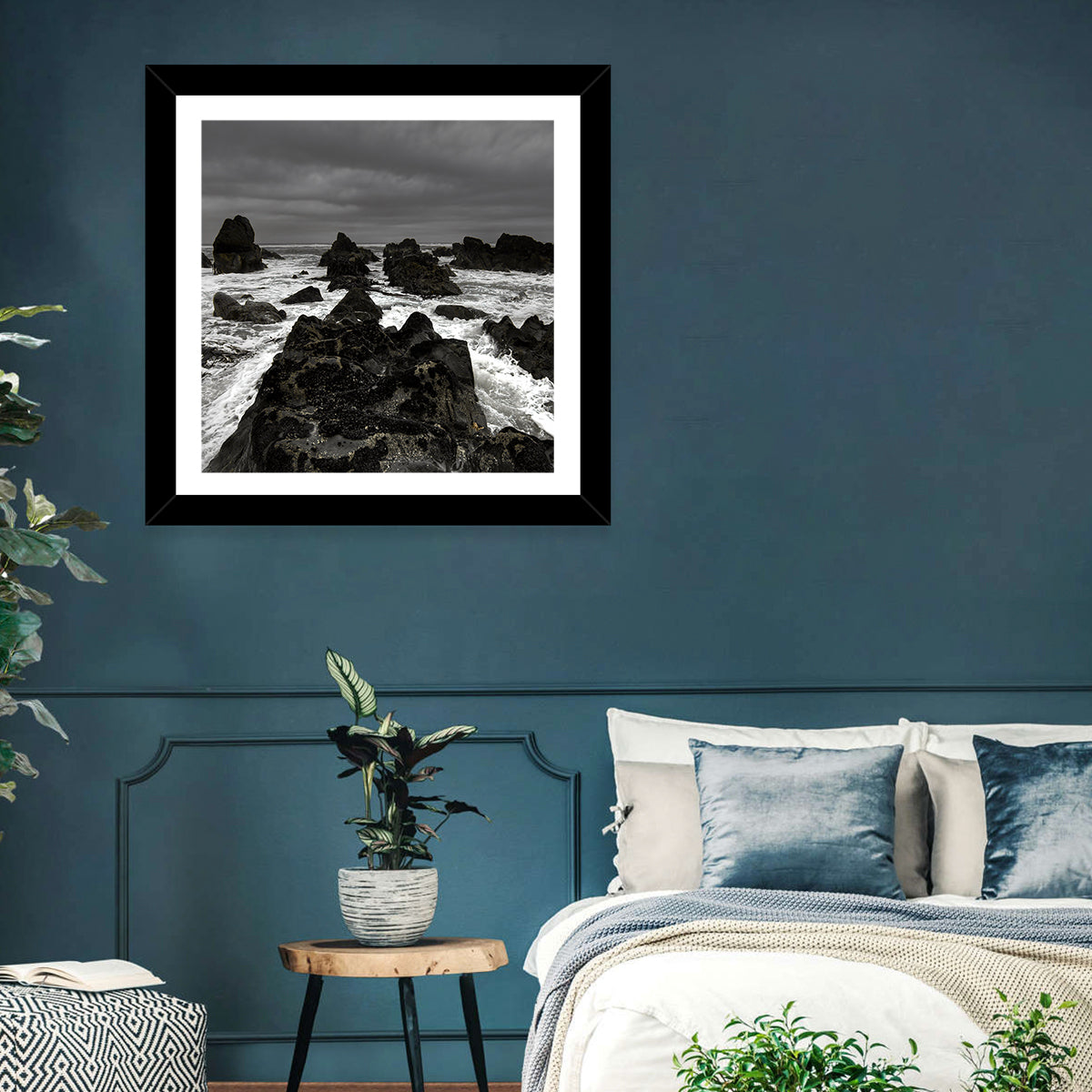Moody Black and White Rocky Coast Waves Wall Art