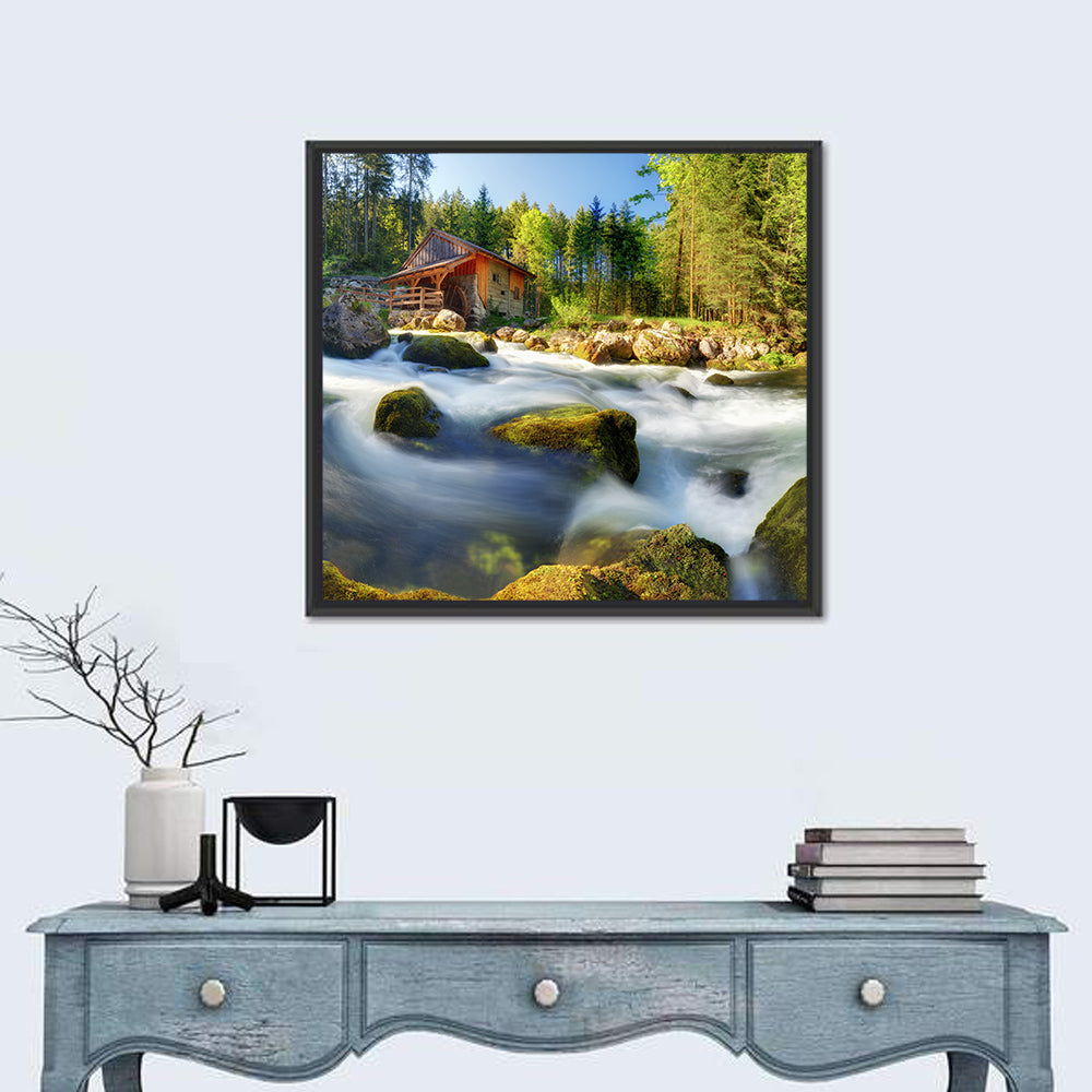 Salzburg Stream with Watermill Wall Art in a room, square