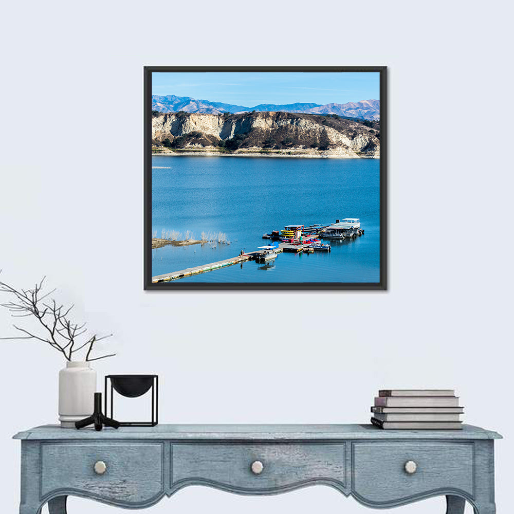 Lake Cachuma Dock and Mountains Wall Art in a room, square
