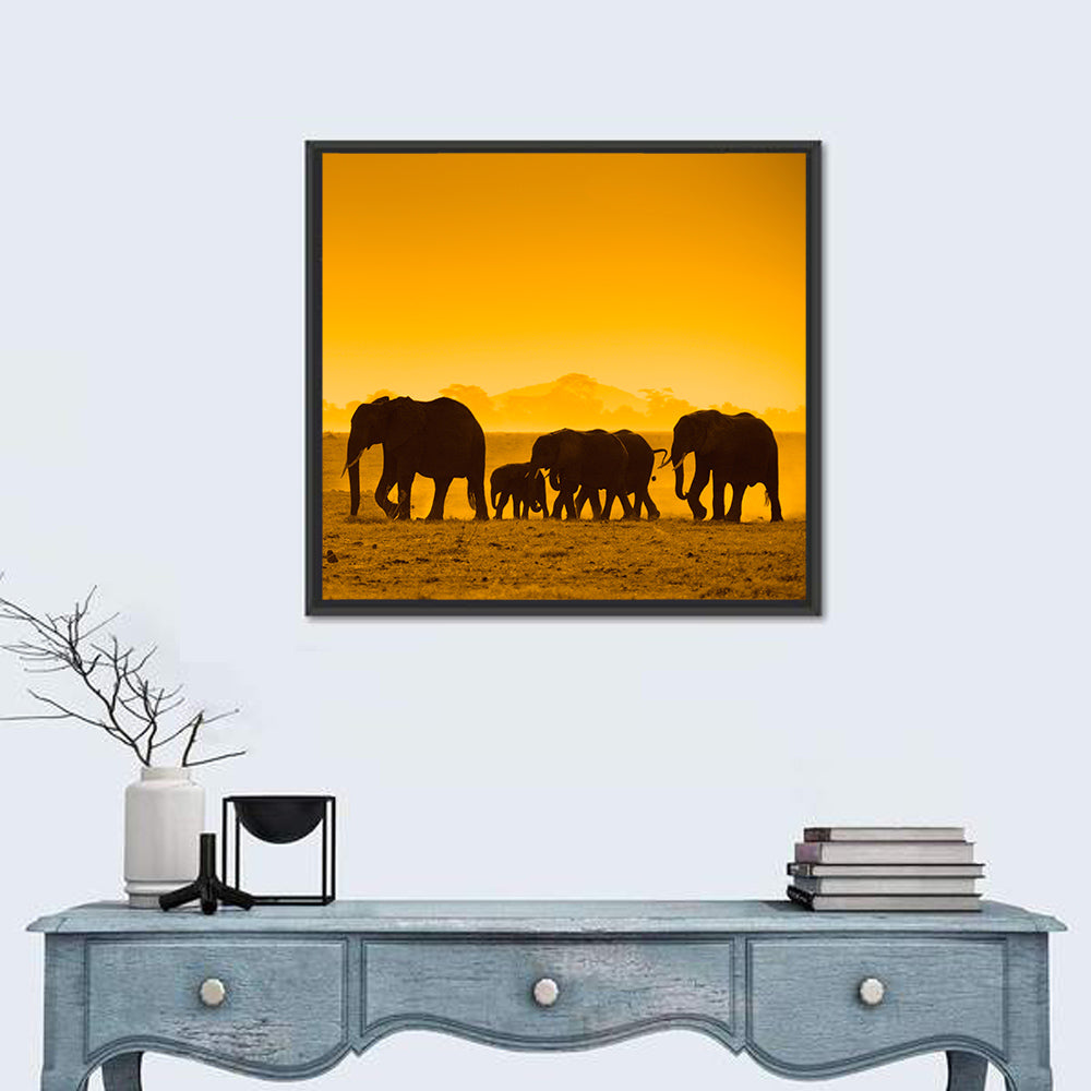Elephant Family Silhouette Wall Art in a room, square