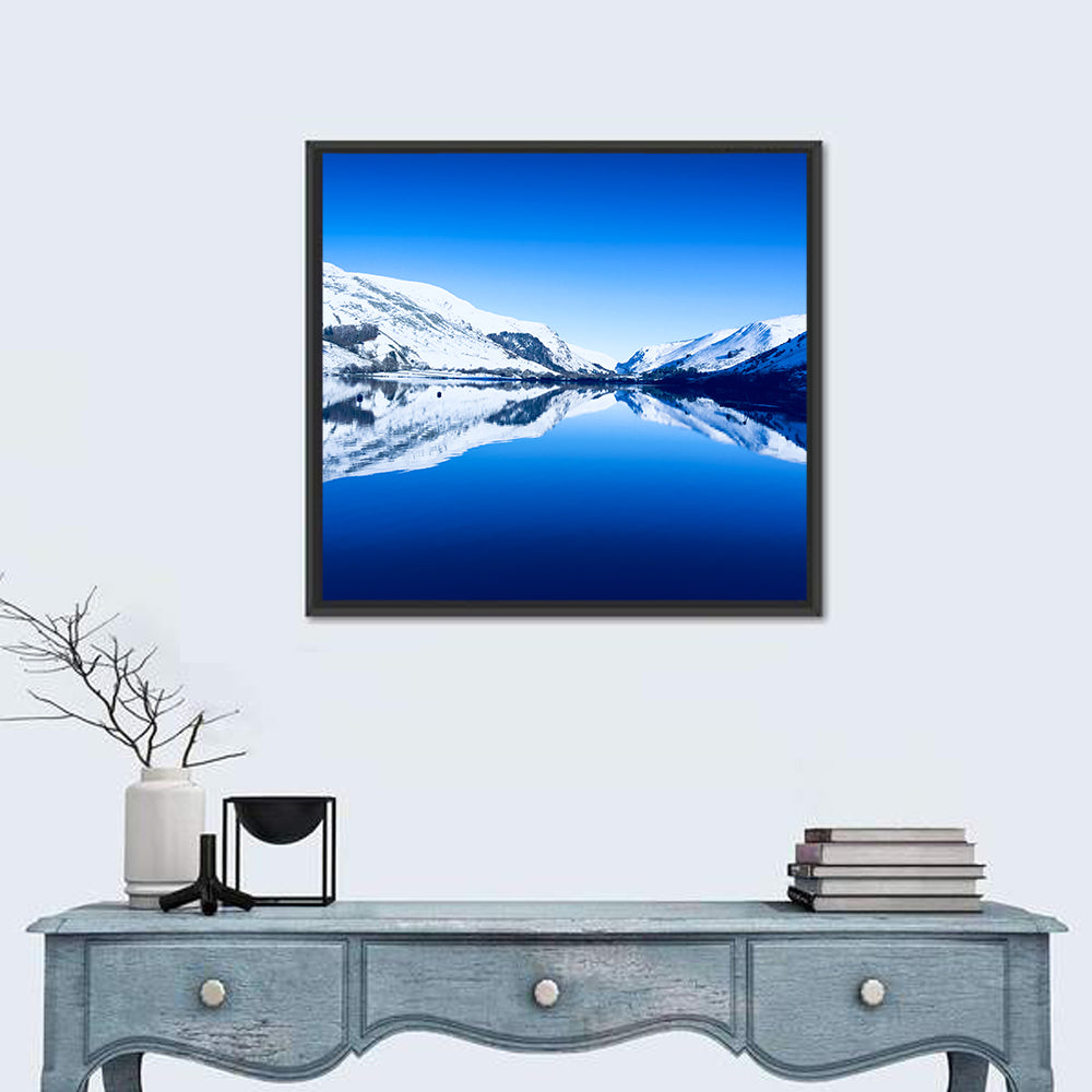 Tal Y Llyn Winter Reflection Wall Art in a room, square
