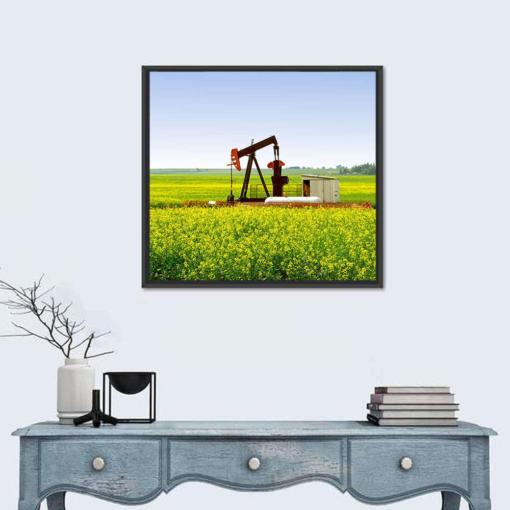Rusty Pumpjack in Yellow Canola Field Wall Art in a room, square