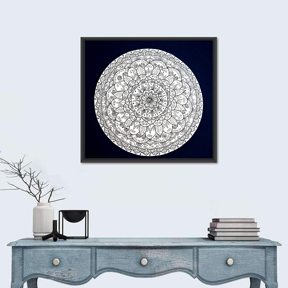 Navy Ornamental Mandala Wall Art in a room, square