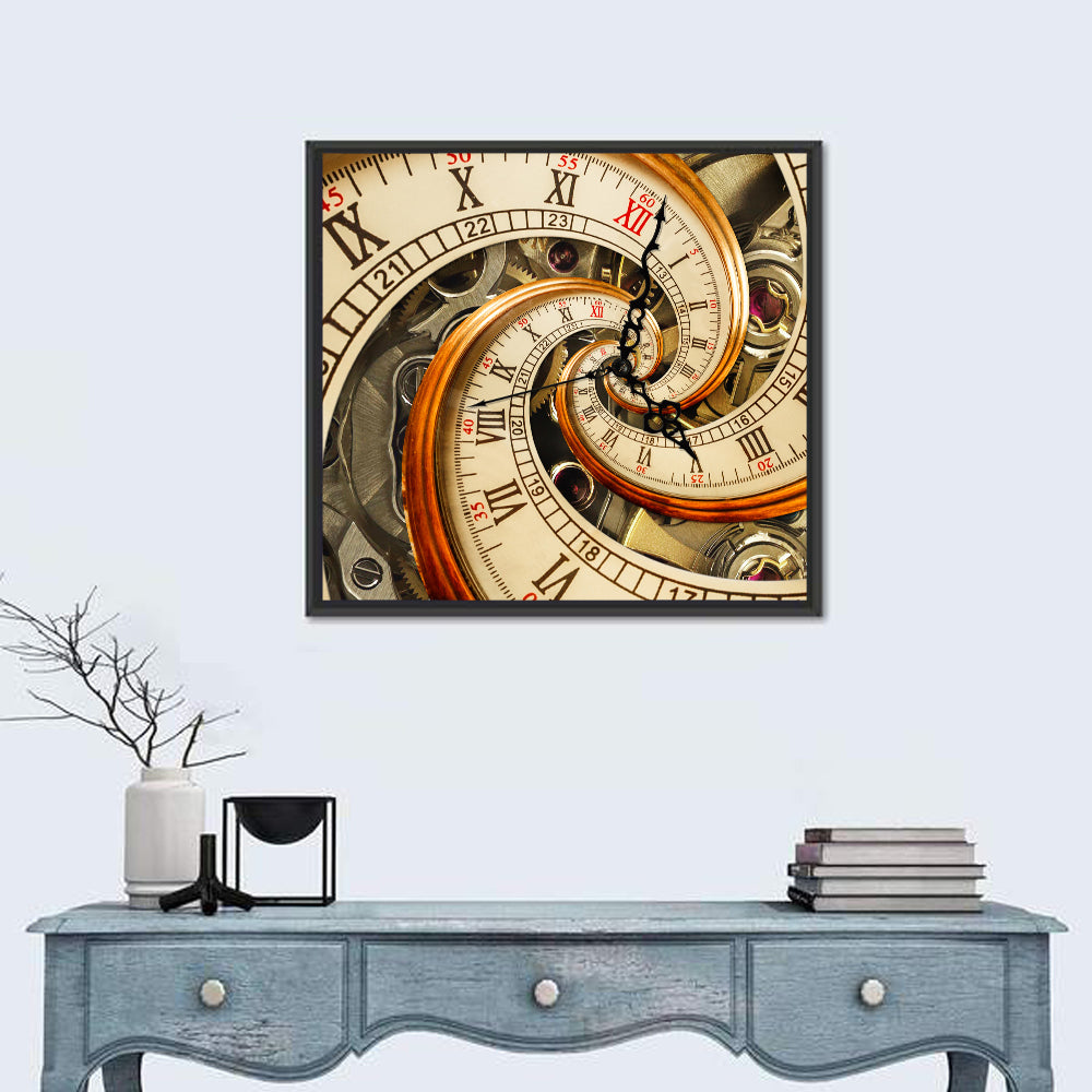 Surreal Infinity Clock Spiral Wall Art in a room, square