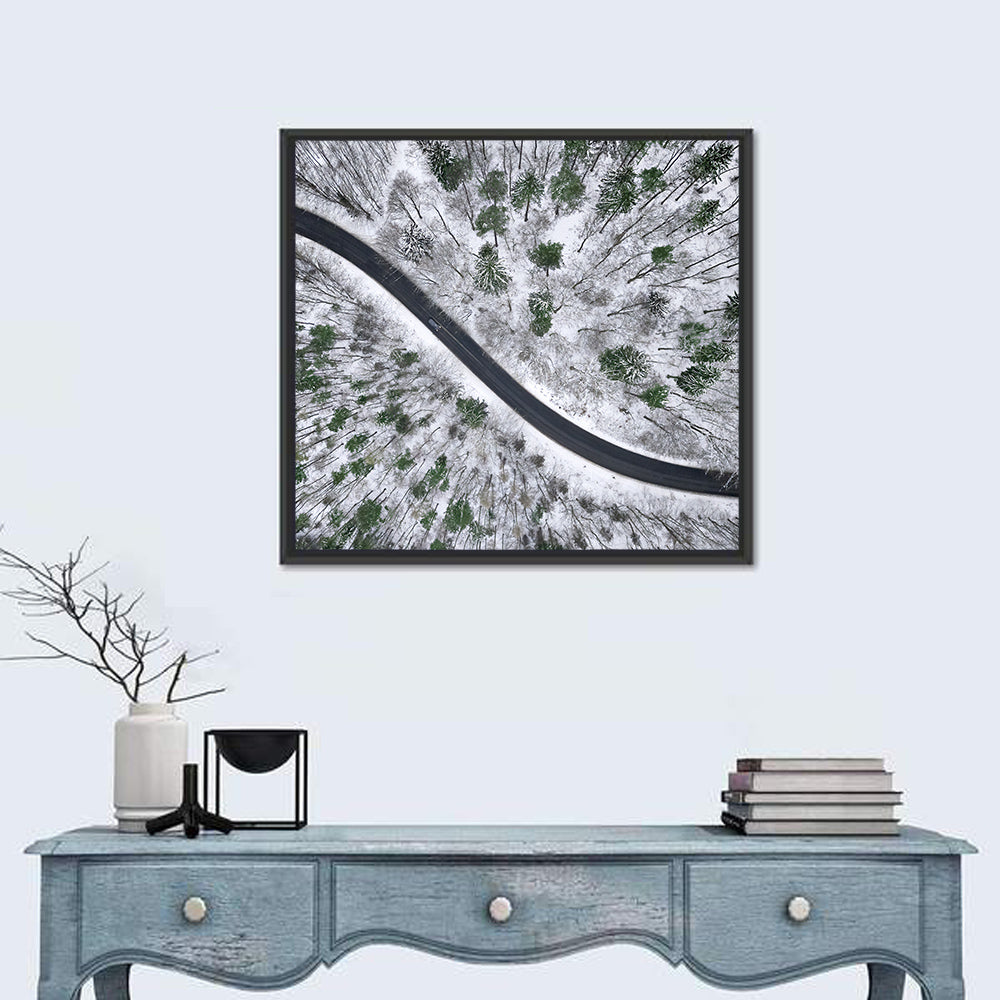 Snowy Forest Road Wall Art in a room, square