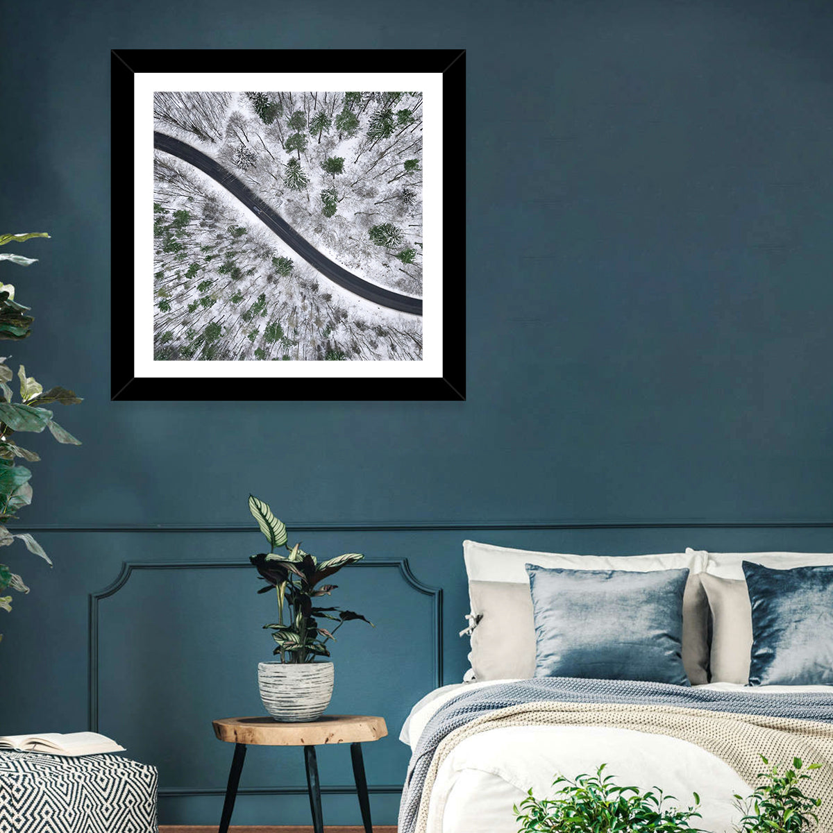 Snowy Forest Road Wall Art in a room, square