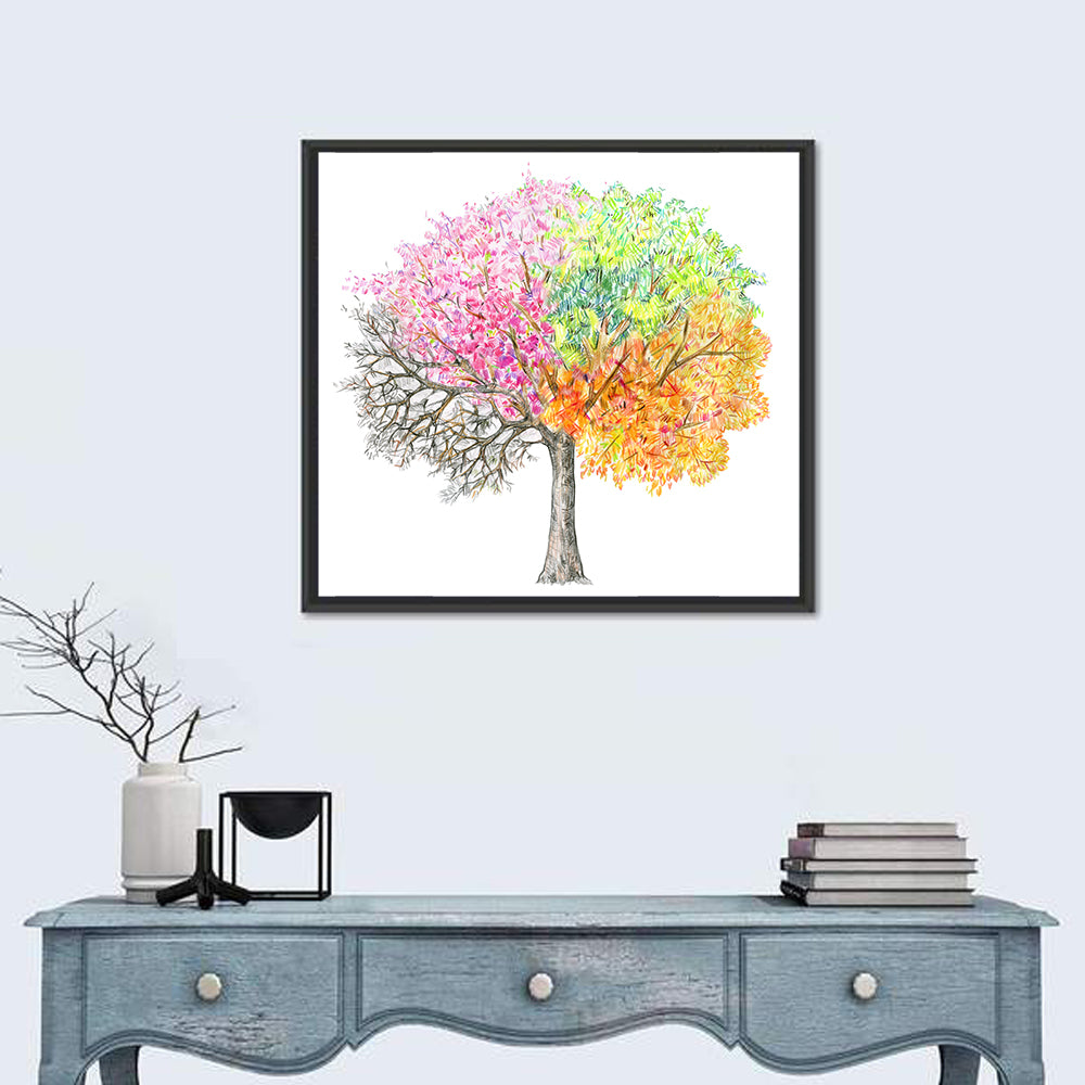 Four Seasons Tree Illustration Wall Art in a room, square