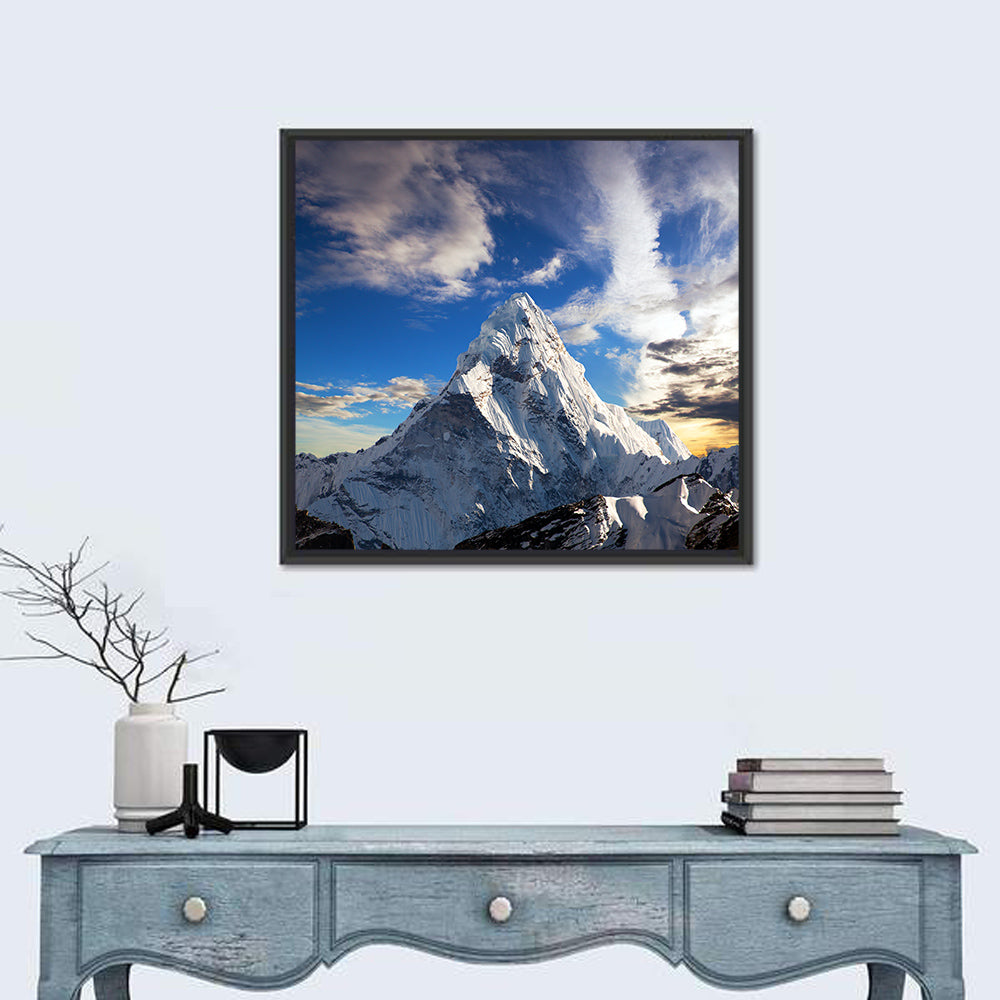 Ama Dablam at Golden Dusk Wall Art in a room, square