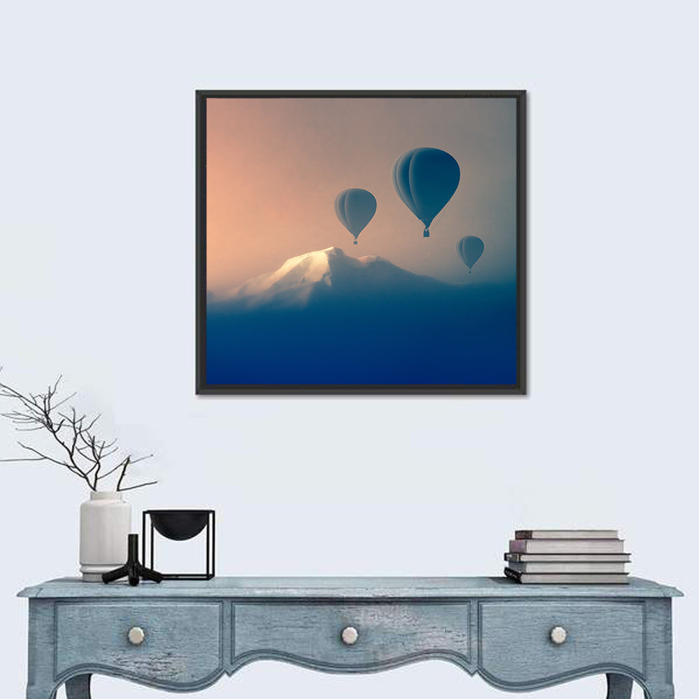 Three Hot Air Balloons Over Misty Peak Wall Art in a room, square
