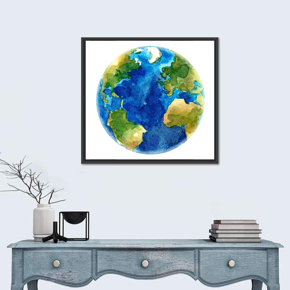 Watercolor Earth Globe Wall Art in a room, square