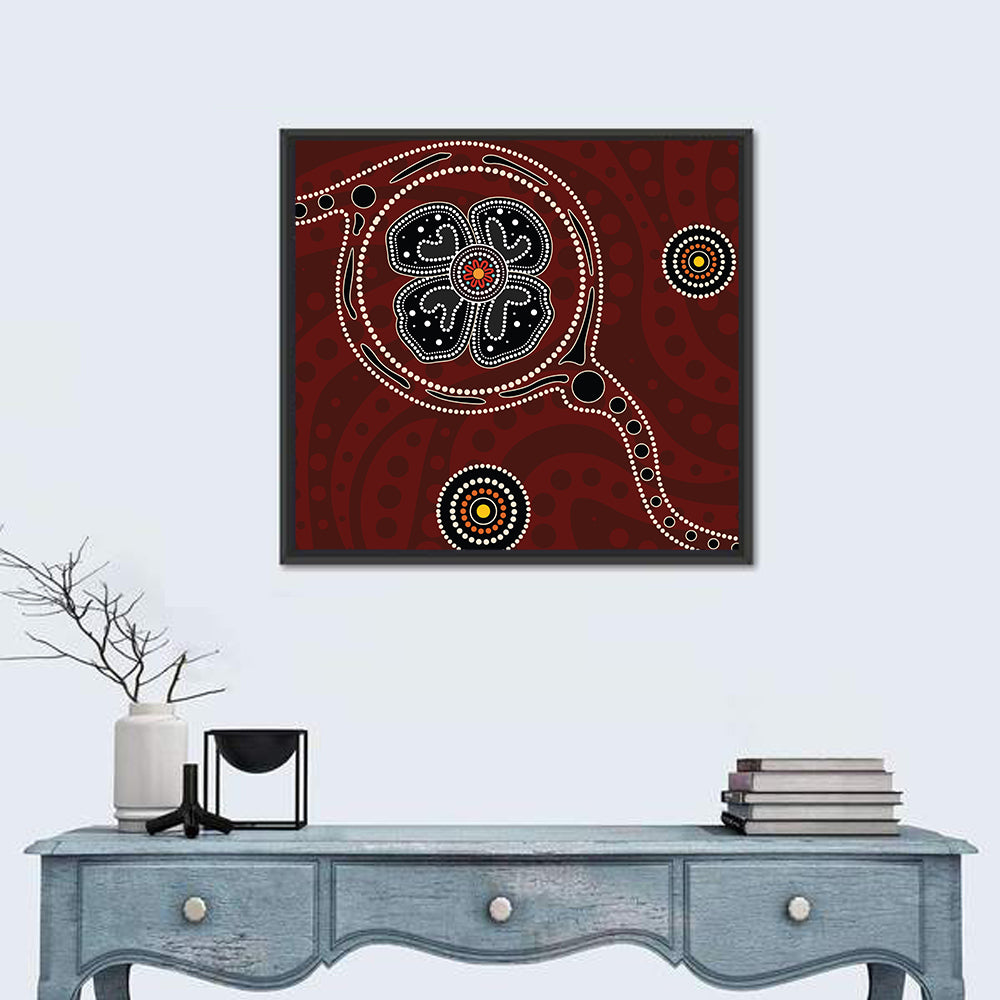 Aboriginal Poppy Dot Motif Wall Art in a room, square