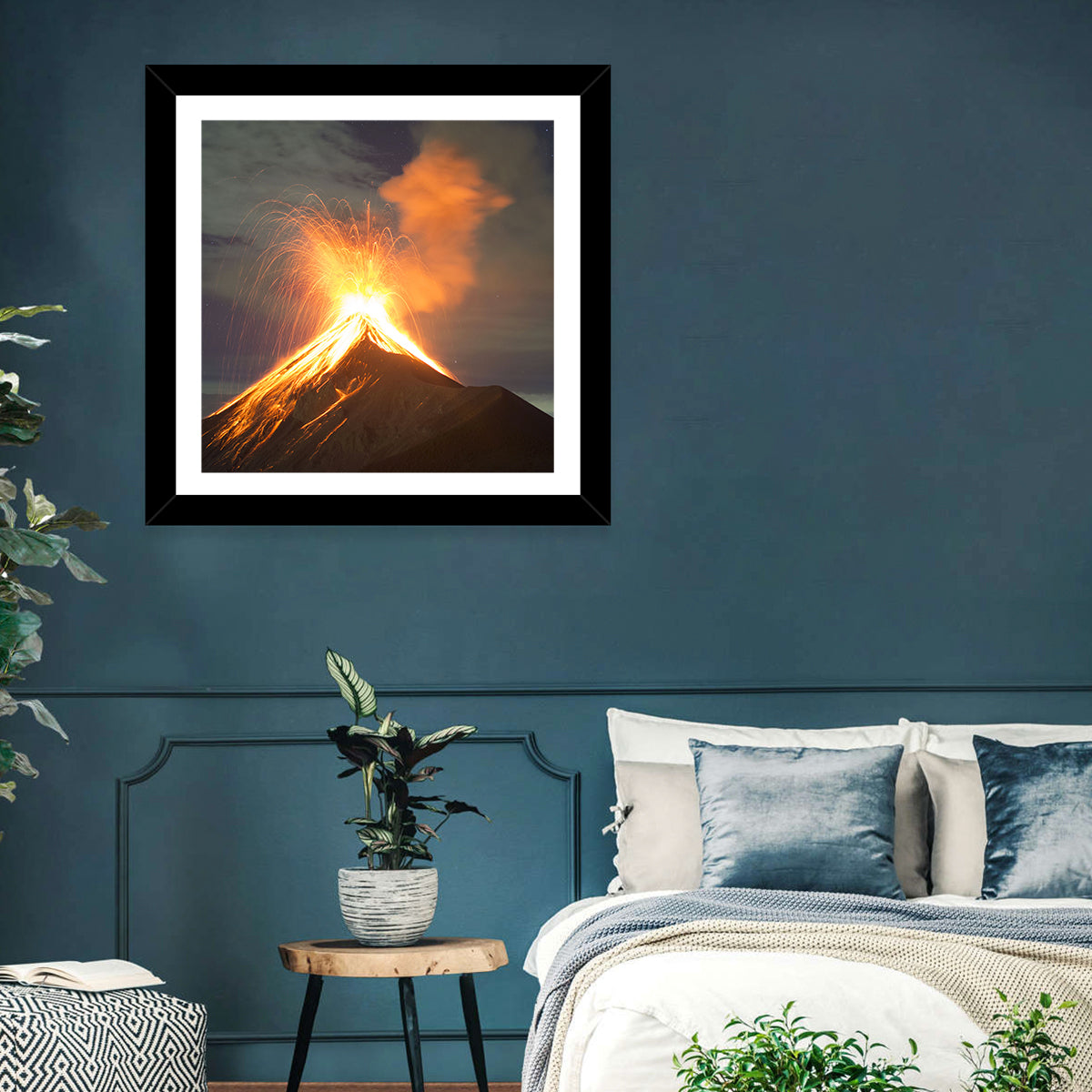 Starry Night Volcano Eruption Wall Art in a room, square