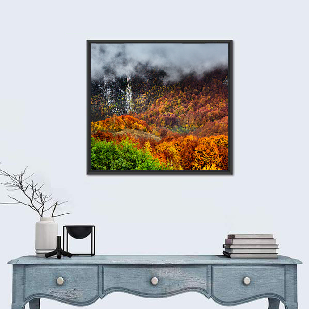 Misty Carpathian Autumn Wall Art in a room, square