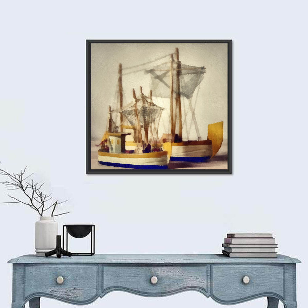 Two Watercolor Boats Wall Art in a room, square