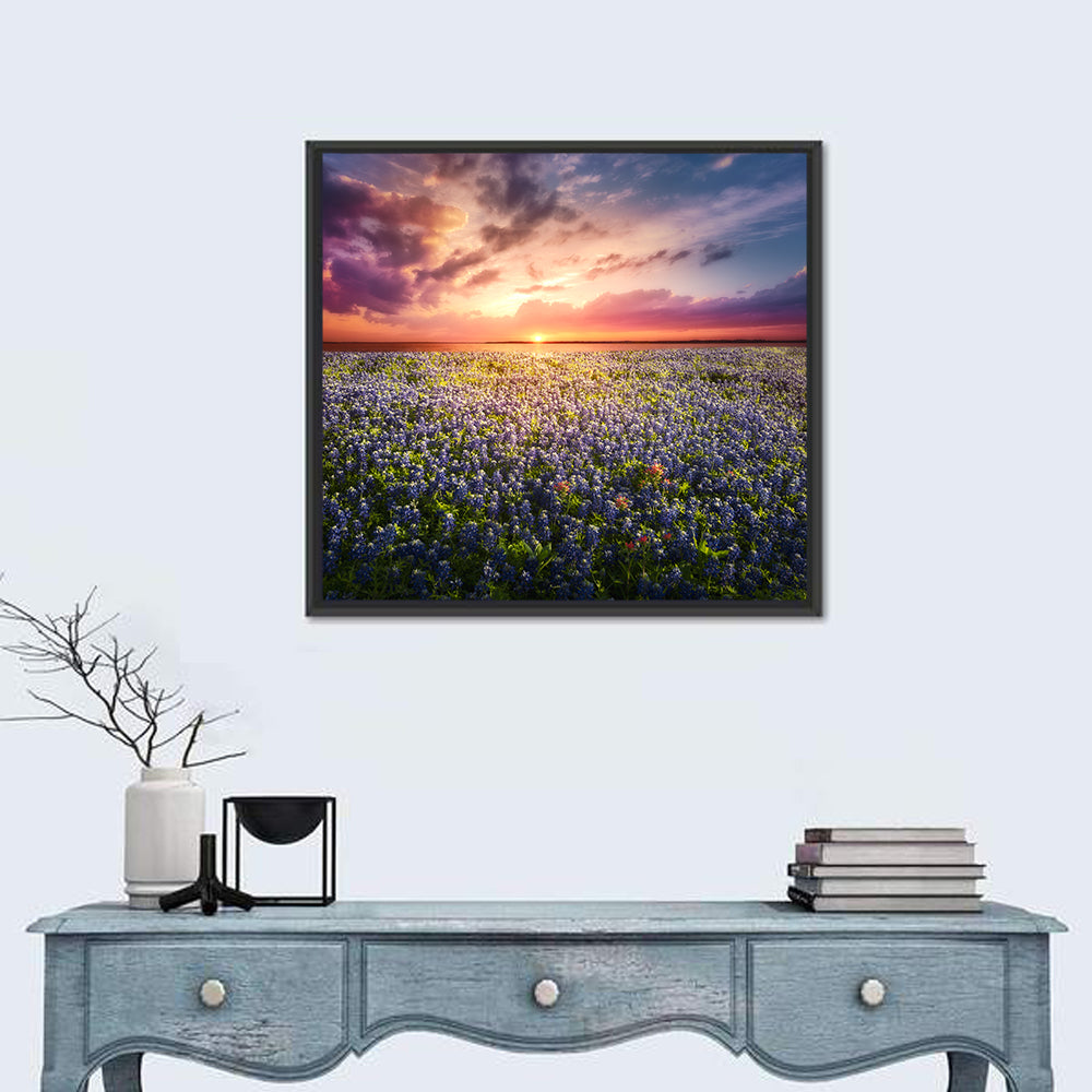 Texas Bluebonnet Sunset Wall Art in a room, square