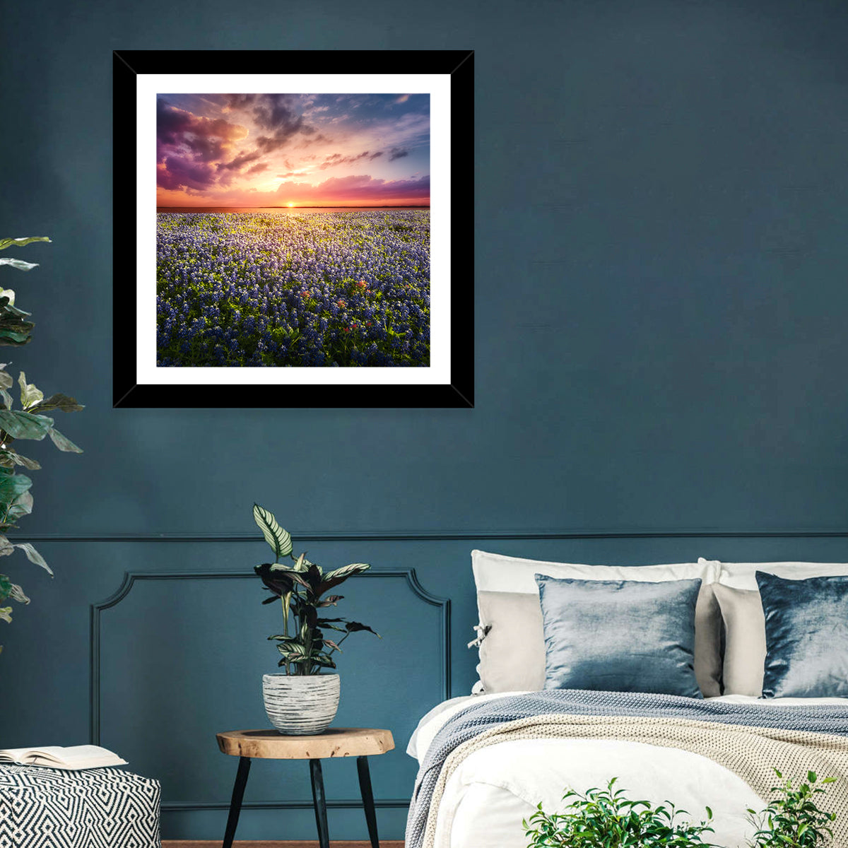 Texas Bluebonnet Sunset Wall Art in a room, square