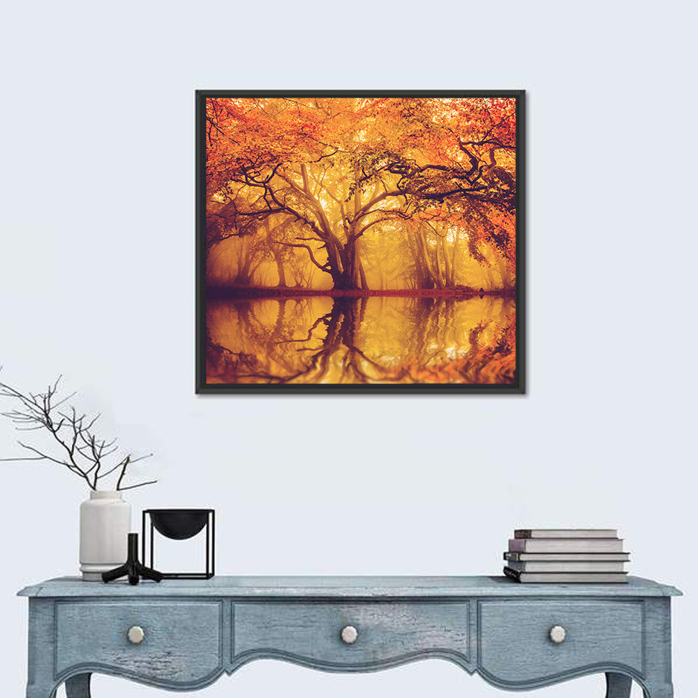 Golden Mist Forest Reflection Wall Art in a room, square