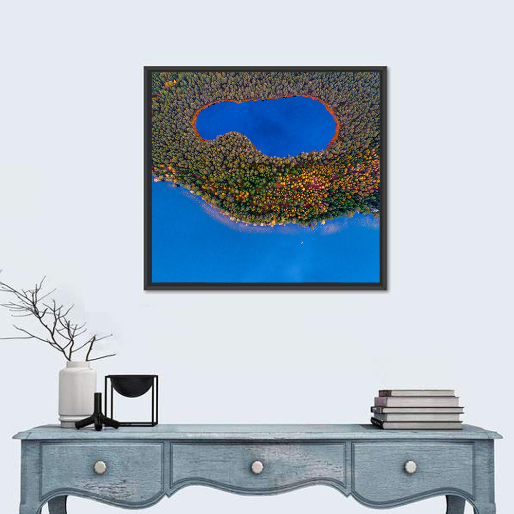 Autumn Forest Lake Wall Art in a room, square