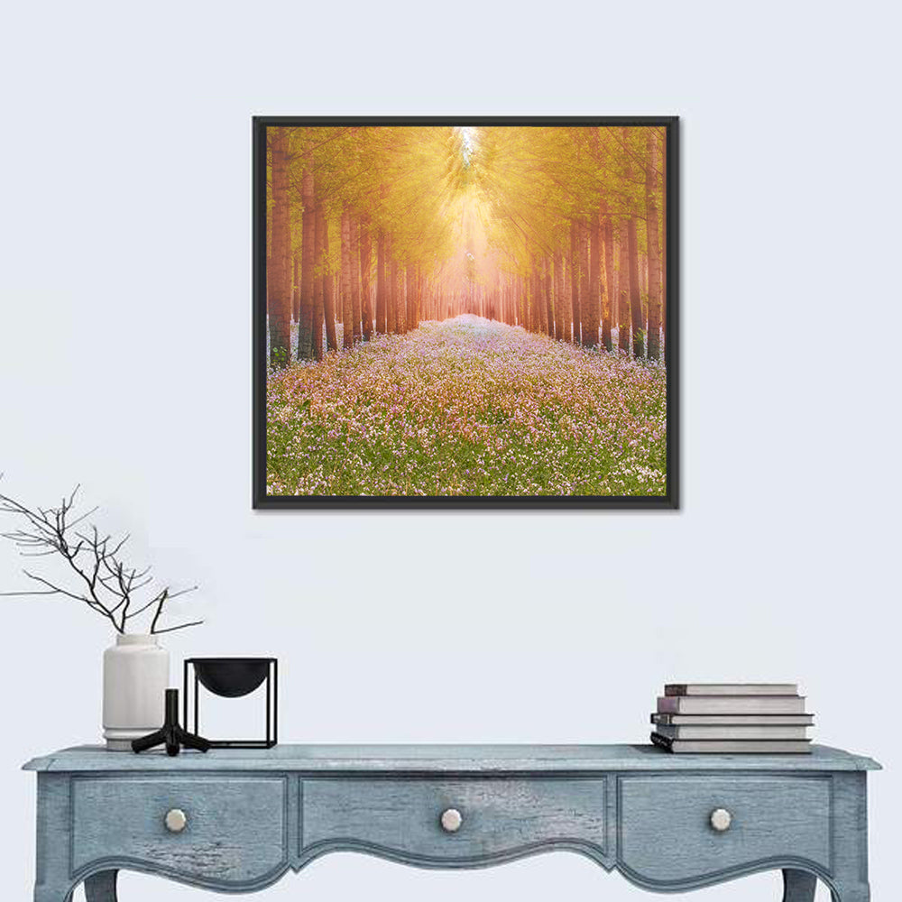 Golden Morning Forest Path Wall Art in a room, square